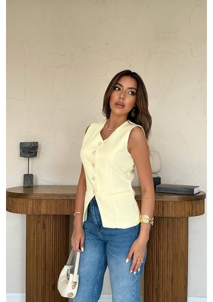 Mottisfashion Sarı Belden Oturtma Detaylı Düğmeli Yelek fırsatları