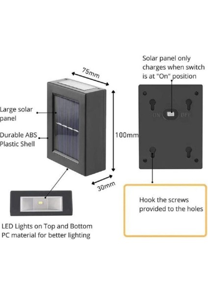 Güneş Enerjili Solar Duvar Apliği – Çift Taraflı LED Aydınlatma, Su Geçirmez Dış Mekan Lamba Znlsolar5, One Size