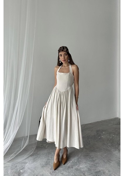 Mottisfashion Bej Boyundan Bağlamalı Keten Elbise