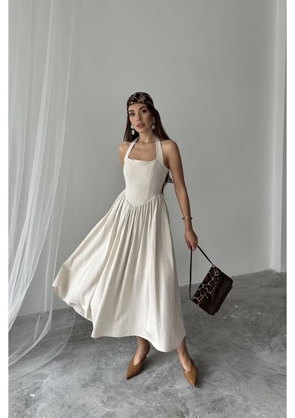 Mottisfashion Bej Boyundan Bağlamalı Keten Elbise fiyatları