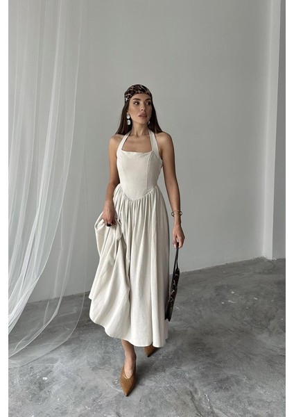 Mottisfashion Bej Boyundan Bağlamalı Keten Elbise modelleri