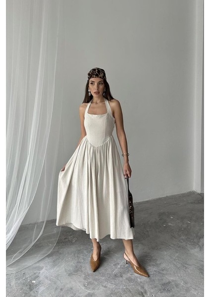 Mottisfashion Bej Boyundan Bağlamalı Keten Elbise fırsatları