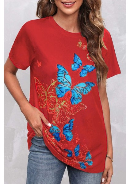 Mottisfashion Kadın Kısa Kollu Mavi Sarı Kelebek Baskı Süprem Bluz