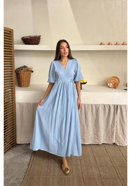 Mottisfashion Bebe Mavi Müslin Uzun Elbise modelleri
