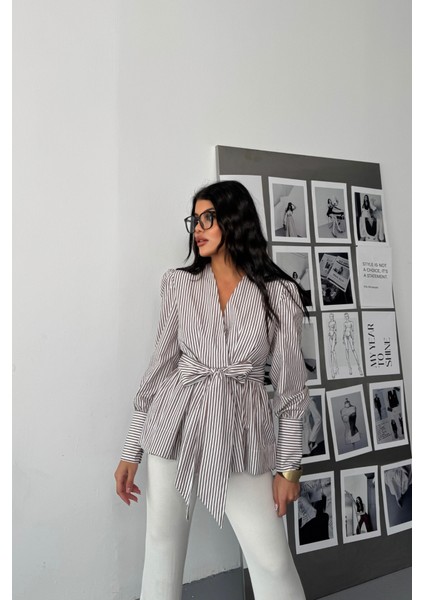 Mottisfashion Çizgili Bağlama Detaylı Kruvaze Poplin Gömlek - Kahverengi