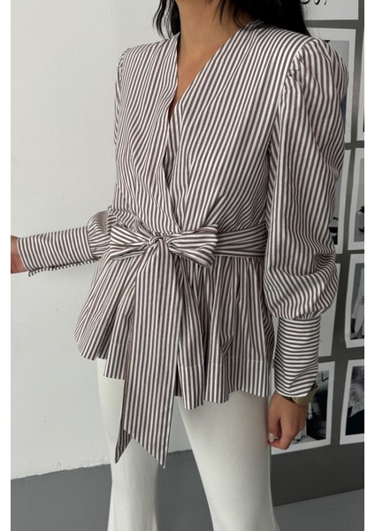 Mottisfashion Çizgili Bağlama Detaylı Kruvaze Poplin Gömlek - Kahverengi fiyatları