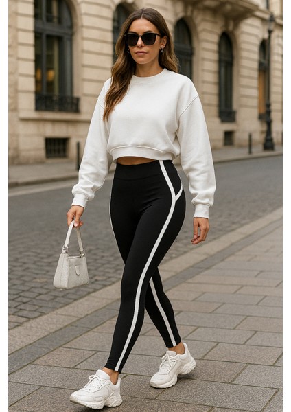 Mottisfashion Kadın Yan Çift Şerit Detaylı Toparlayıcı Egzersiz Dalgıç Tayt