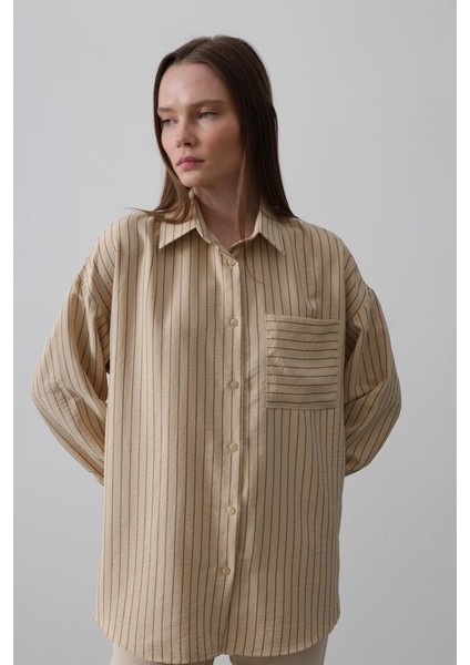 Mottisfashion Çizgili Tek Cep Gömlek - Taş