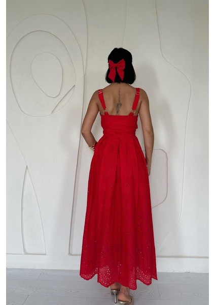 Mottisfashion Kırmızı Askılı Aparatlı Brode Elbise fırsatları