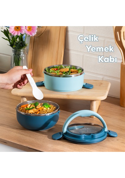 66732 Stainless Steel Vakumlu Lunch Box Iki Katlı Paslanmaz Çelik Kolay Kilitlenir Kendinden Kaşıklı Sefer Tası – 1000ML Mavi