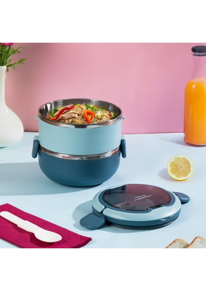 66732 Stainless Steel Vakumlu Lunch Box Iki Katlı Paslanmaz Çelik Kolay Kilitlenir Kendinden Kaşıklı Sefer Tası – 1000ML Mavi fiyatları