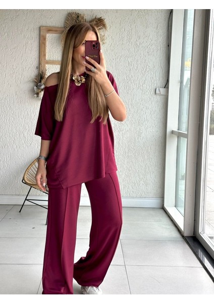 Mottisfashion Kadın Tek Omuzdan Açık Geniş Kesim Viskon Iki Iplik Bluz ve Pantolon Ikili Takım
