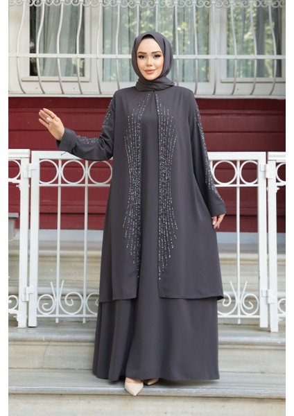 Boncuk Işlemeli Füme Tesettür Abaya 29132FU fiyatları