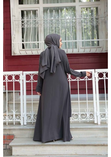 Boncuk Işlemeli Füme Tesettür Abaya 29132FU modelleri