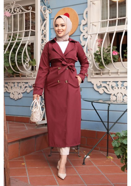 Düğmeli Bordo Tesettür Trençkot 6103BR fiyatları