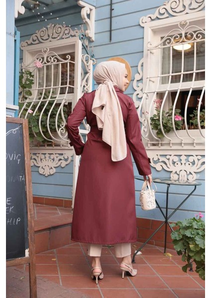 Düğmeli Bordo Tesettür Trençkot 6103BR modelleri