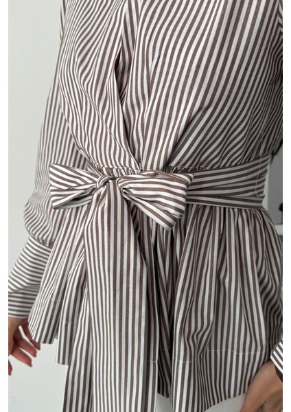 Mottisfashion Çizgili Bağlama Detaylı Kruvaze Poplin Gömlek - Kahverengi fırsatları