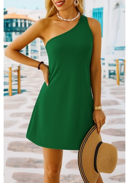 Mottisfashion Kadın Tek Omuz Askılı Krep Mini Elbise
