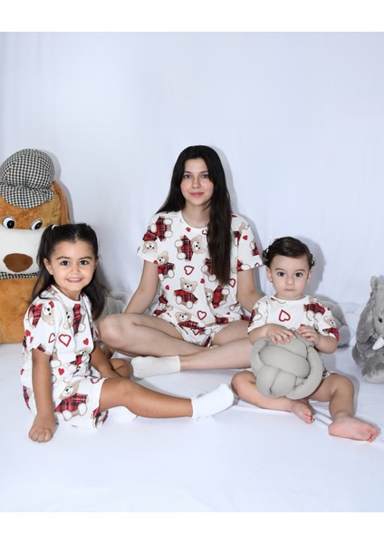 Anne Bebek Pijama Takımı Kombin Ekose Ayıcık Desen Kısakol Şort (Tek Tek Satılmaktadır)