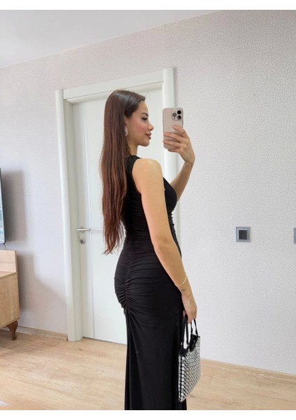 Mottisfashion Kolsuz Büzgülü Uzun Elbise - Siyah modelleri
