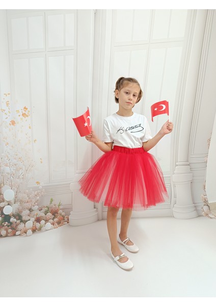 Ada Model Kırmızı / Beyaz Kabarık Tütü Etek 23 Nisan 29 Ekim Gösteri Eteği indirimleri