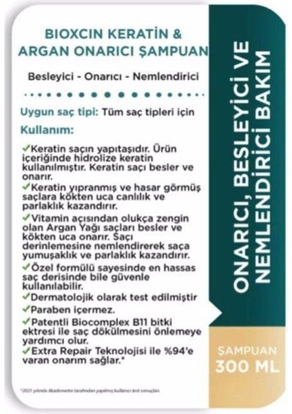Keratin & Argan Onarıcı Şampuan 300 ml - Yıpranmış ve Hasar Görmüş Saçlar 3'lü