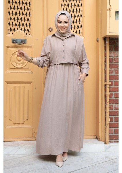 Süveter Detaylı Vizon Tesettür Elbise 7253V fiyatları