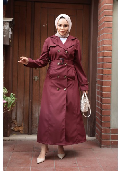 Düğmeli Bordo Tesettür Trençkot 7261BR fiyatları