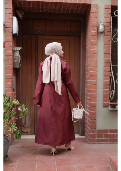 Düğmeli Bordo Tesettür Trençkot 7261BR modelleri