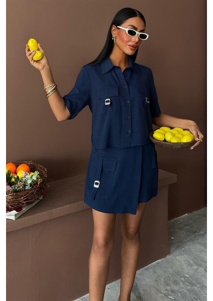 Mottisfashion Gömlek Şort Etek Viscon Keten Takım 10162