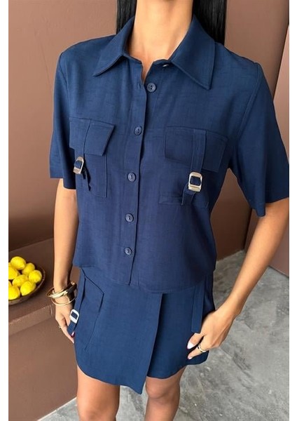 Mottisfashion Gömlek Şort Etek Viscon Keten Takım 10162