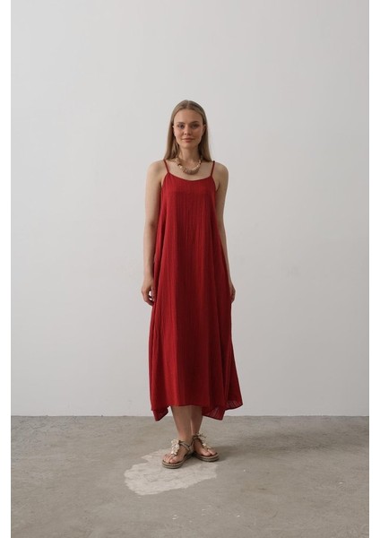 Mottisfashion Askılı Uzun Çan Elbise - Bordo
