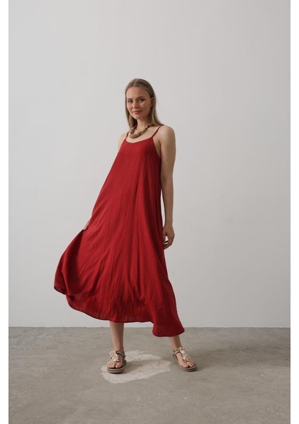 Mottisfashion Askılı Uzun Çan Elbise - Bordo fiyatları