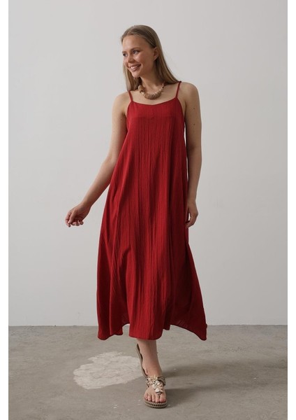 Mottisfashion Askılı Uzun Çan Elbise - Bordo fırsatları