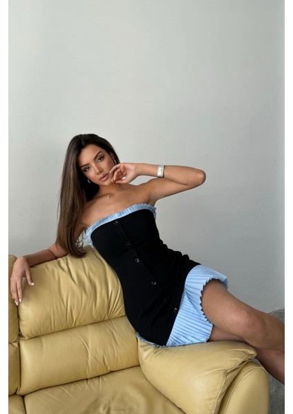 Mottisfashion Straplez Polviskon Elbise Mavi Fırfır Detaylı - Siyah