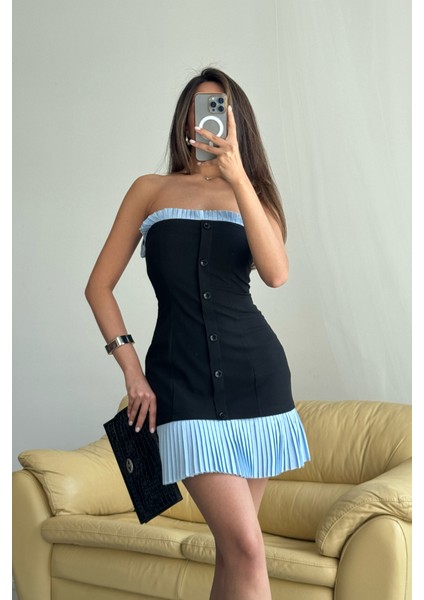 Mottisfashion Straplez Polviskon Elbise Mavi Fırfır Detaylı - Siyah fırsatları