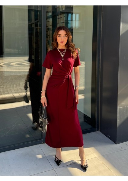 Mottisfashion Kadın Kısa Kollu Bisiklet Yaka Yandan Bağlamalı Viskon Iki Iplik Elbise