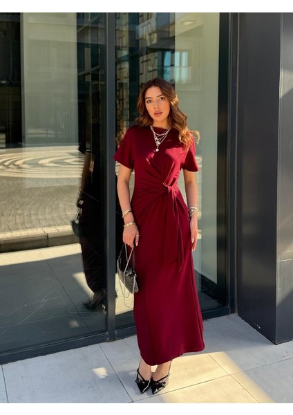 Mottisfashion Kadın Kısa Kollu Bisiklet Yaka Yandan Bağlamalı Viskon Iki Iplik Elbise fiyatları