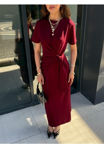 Mottisfashion Kadın Kısa Kollu Bisiklet Yaka Yandan Bağlamalı Viskon Iki Iplik Elbise modelleri