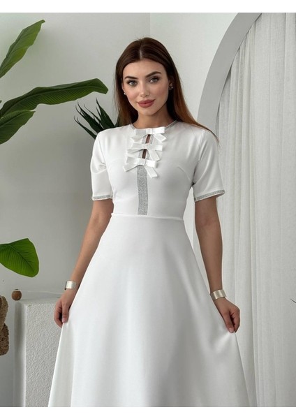 Mottisfashion Wera Taşlı Fiyonk Detaylı Elbise