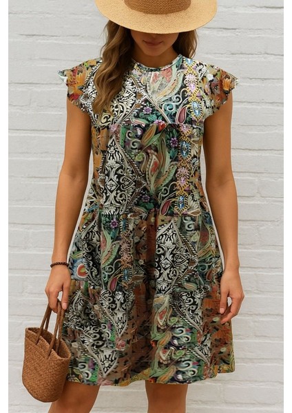 Mottisfashion Kadın Kısa Kollu Kolları Fırfırlı Bisiklet Yakalı Kare Desenli Elbise