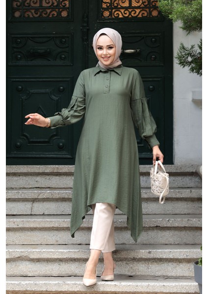 Asimetrik Detaylı Haki Tesettür Tunik 615HK