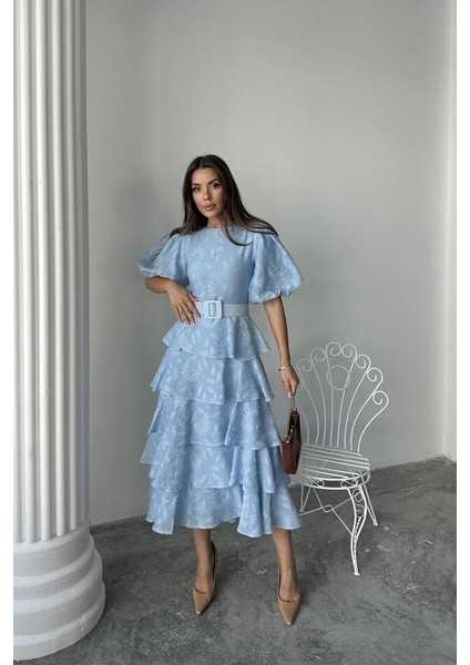 Mottisfashion Bebe Mavi Kat Kat Balon Kollu Kemerli Elbise