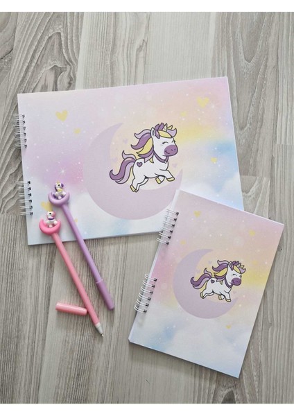Unicorn Temalı Resim Defteri - A5 Çizgili Defter ve 2 Jel Kalem