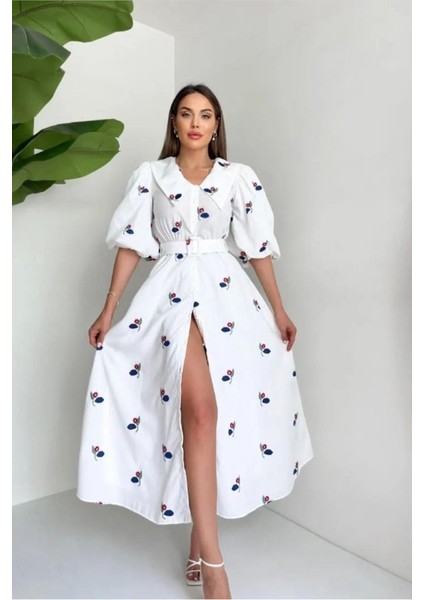 Mottisfashion Kırmızı Yakası Çiçek Motifli Kemerli Elbise