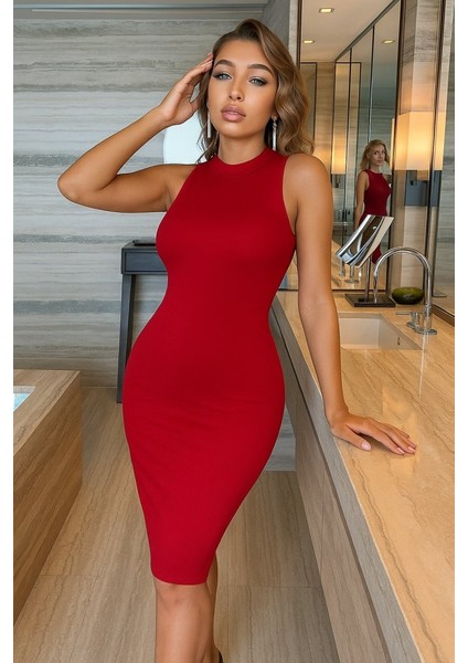 Mottisfashion Kadın Omuzlardan Açık Bisiklet Yaka Janjan Krep Elbise