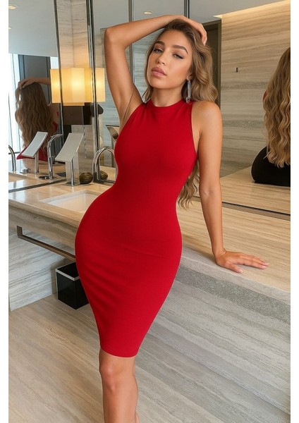 Mottisfashion Kadın Omuzlardan Açık Bisiklet Yaka Janjan Krep Elbise fırsatları
