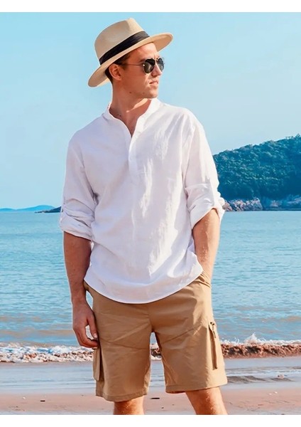 Mottisfashion Erkek Uzun Kollu Hakim Yaka Düğmeli Erkek Müslim Gömlek