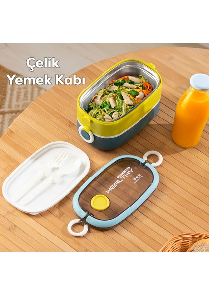 66729 Stainless Steel Vakumlu Lunch Box Iki Katlı Paslanmaz Çelik Kolay Kilitlenir Kendinden Kaşıklı Sefer Tası – 1300ML Mavi-Sarı