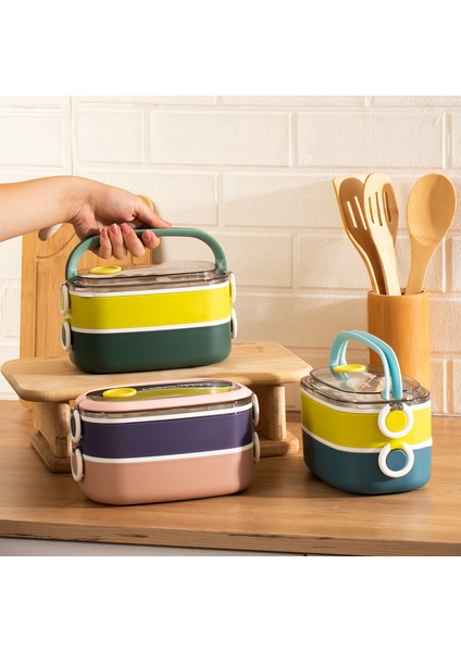 66729 Stainless Steel Vakumlu Lunch Box Iki Katlı Paslanmaz Çelik Kolay Kilitlenir Kendinden Kaşıklı Sefer Tası – 1300ML Mavi-Sarı fiyatları